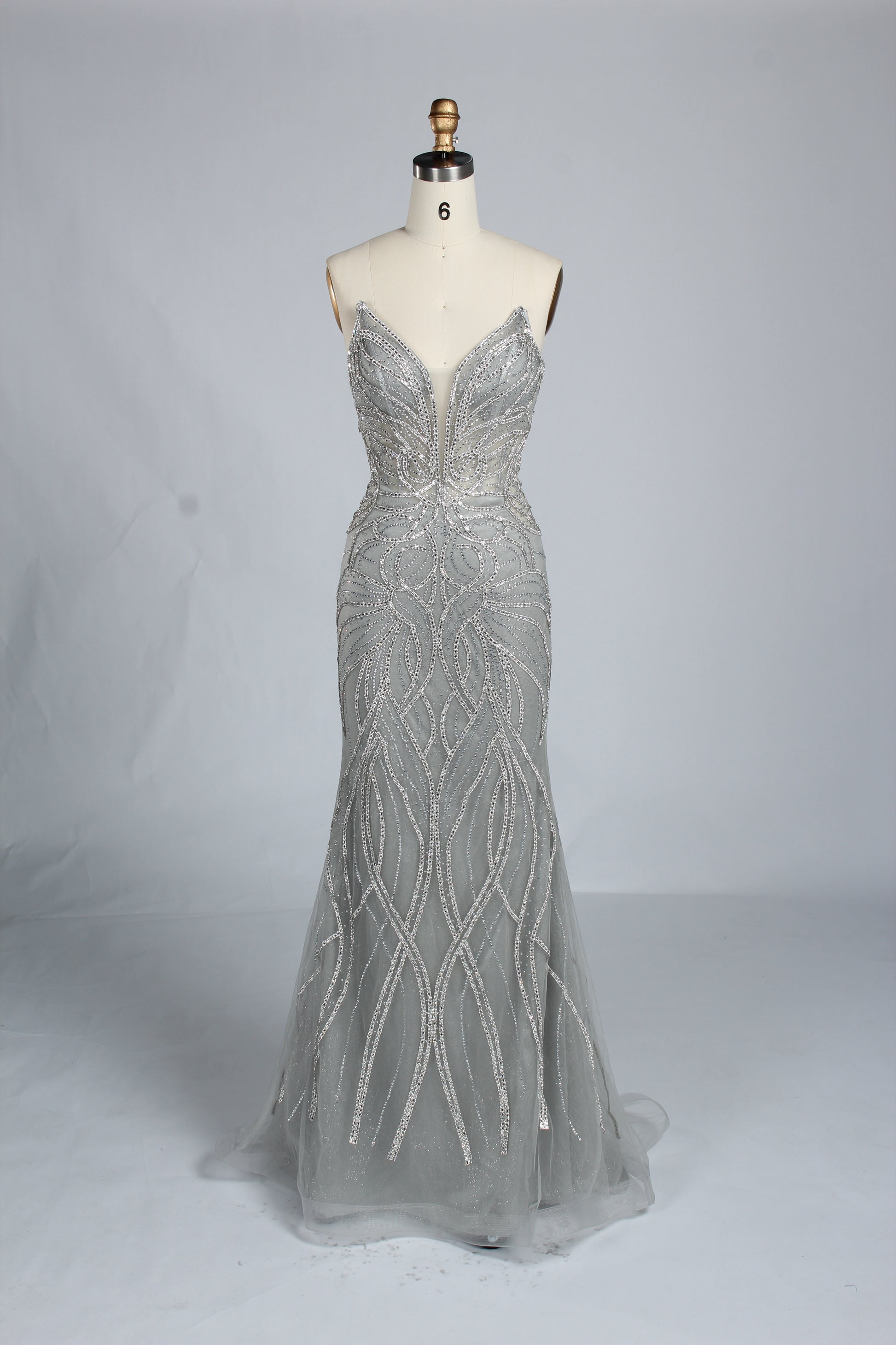 Wholesale Silver Beaded Sheer Mermaid Prom Dress 33172