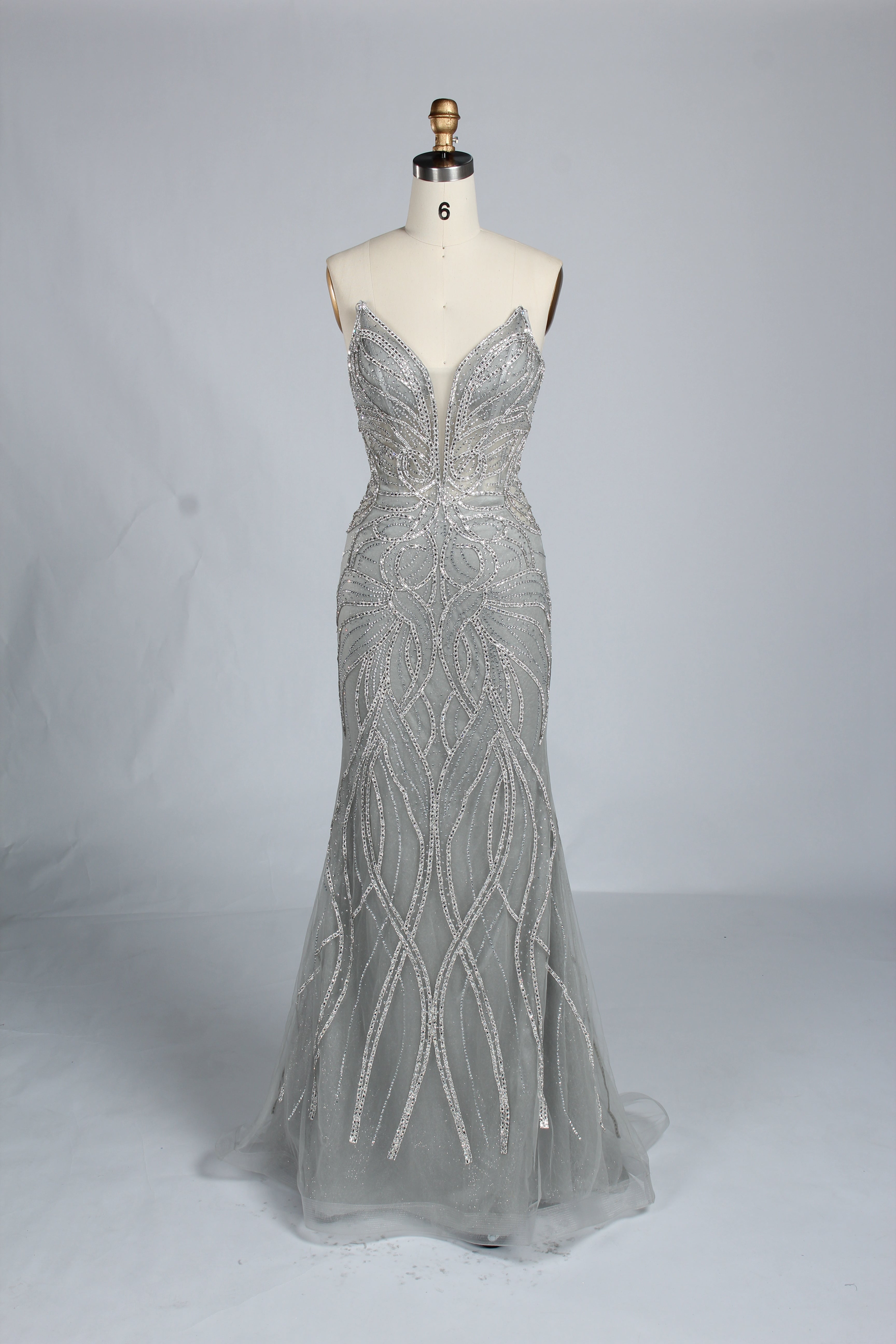 Wholesale Silver Beaded Sheer Mermaid Prom Dress 33172