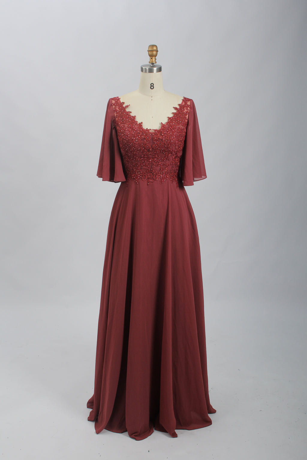 Wholesale Burgundy Lace Flutter-Sleeve Mother-of-the-Bride Gown 32698