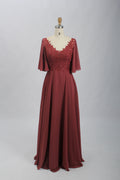 Wholesale Burgundy Lace Flutter-Sleeve Mother-of-the-Bride Gown 32698