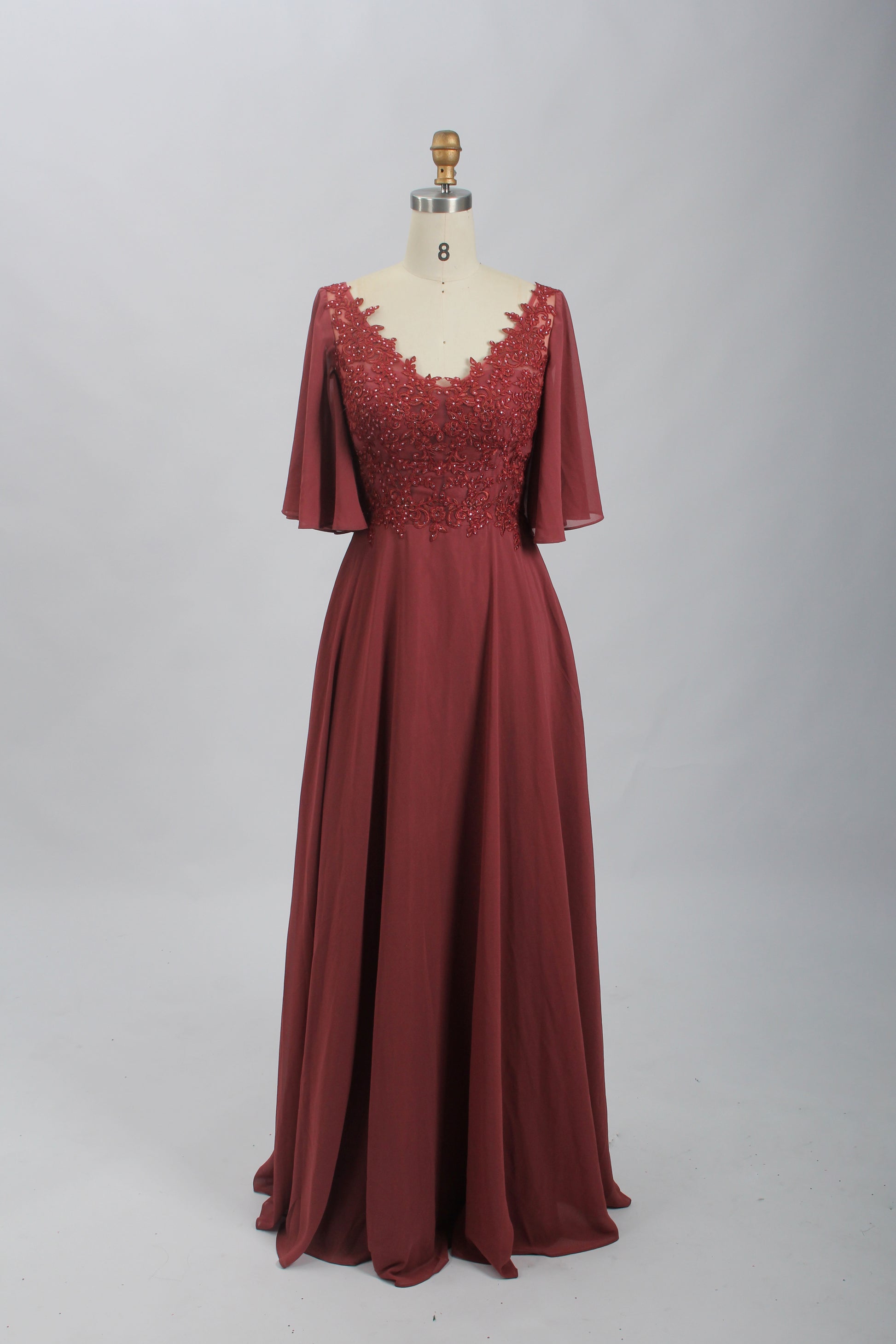 Wholesale Burgundy Lace Flutter-Sleeve Mother-of-the-Bride Gown 32698