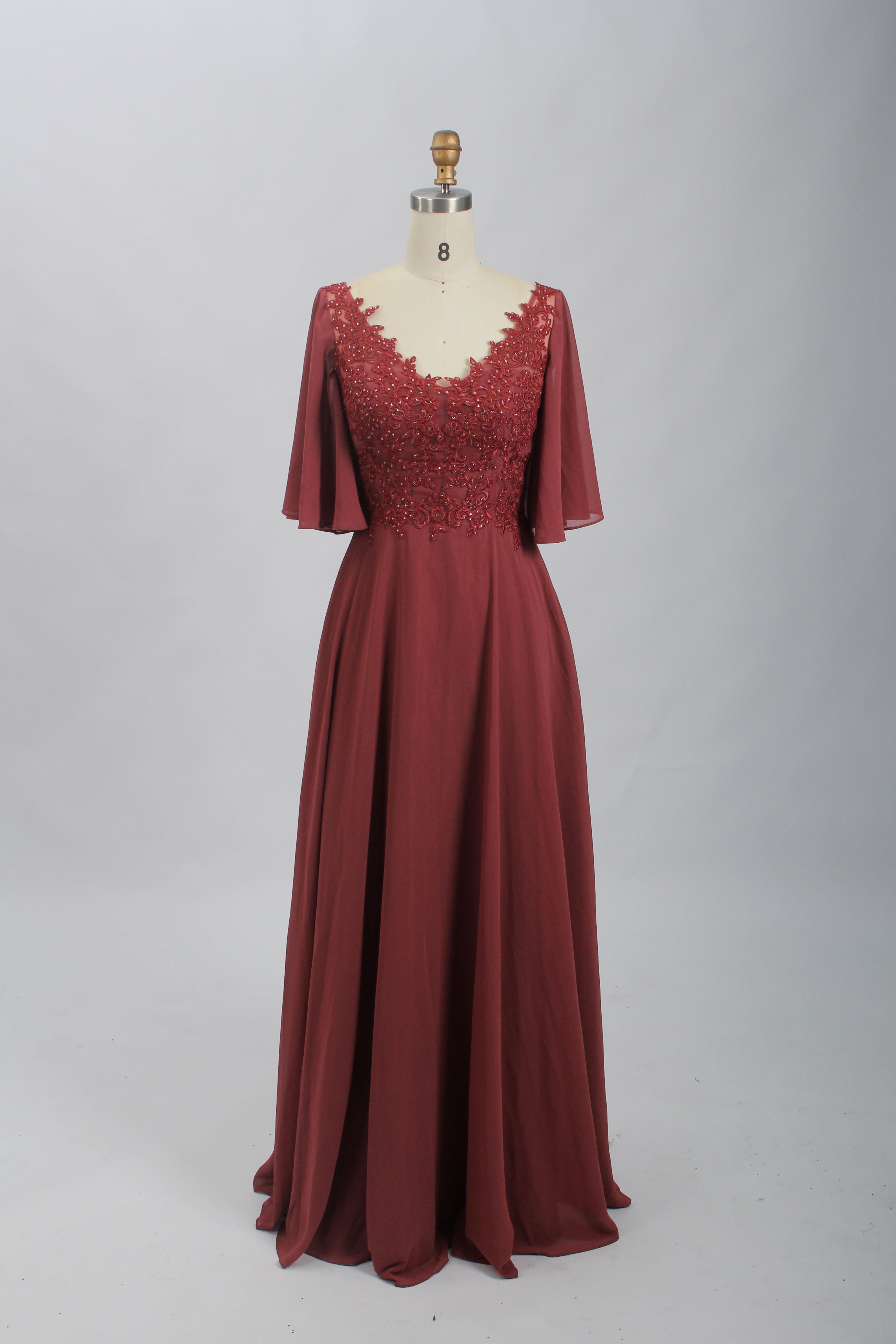 Wholesale Burgundy Lace Flutter-Sleeve Mother-of-the-Bride Gown 32698