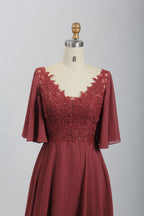 Wholesale Burgundy Lace Flutter-Sleeve Mother-of-the-Bride Gown 32698