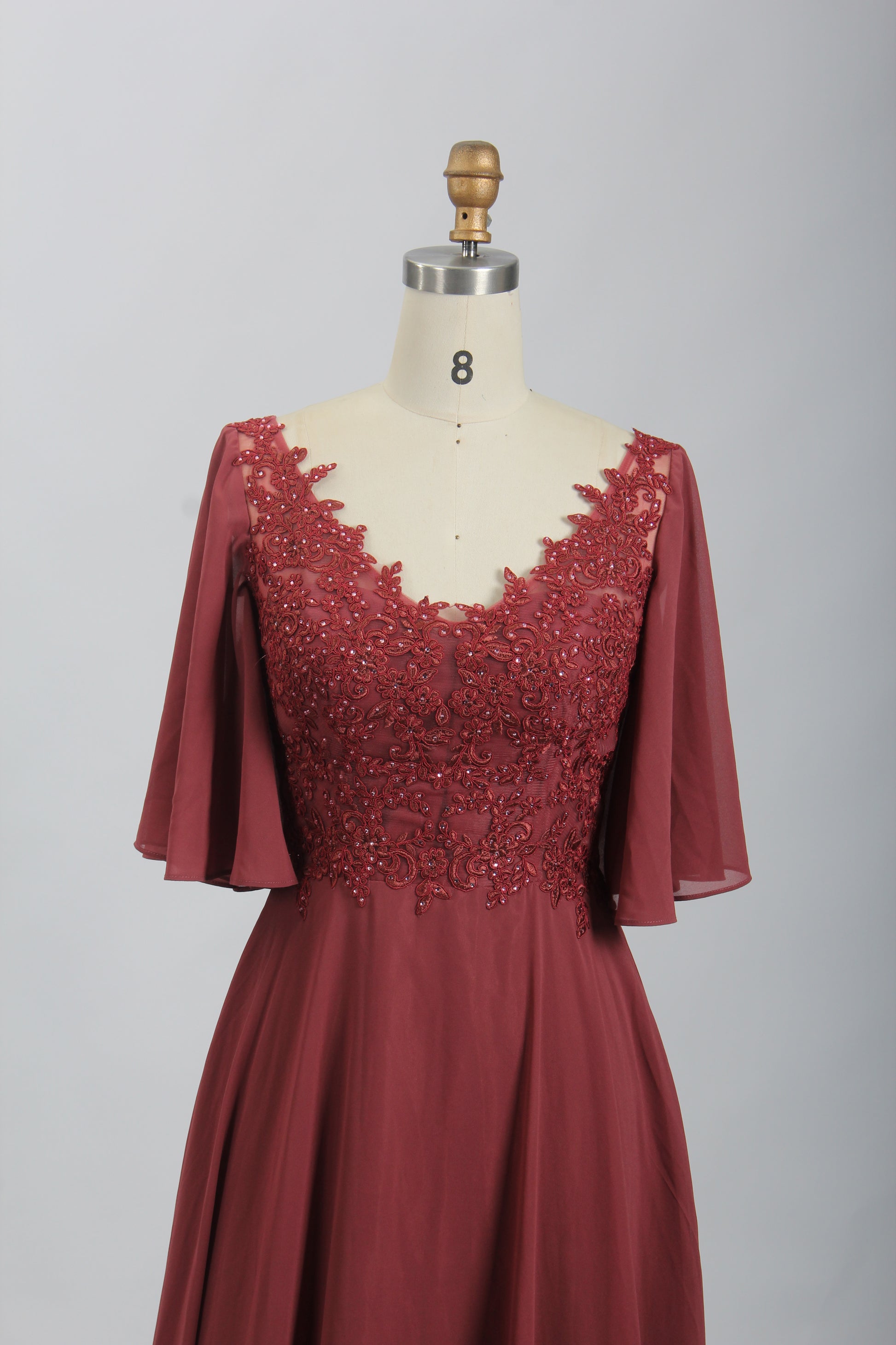 Wholesale Burgundy Lace Flutter-Sleeve Mother-of-the-Bride Gown 32698
