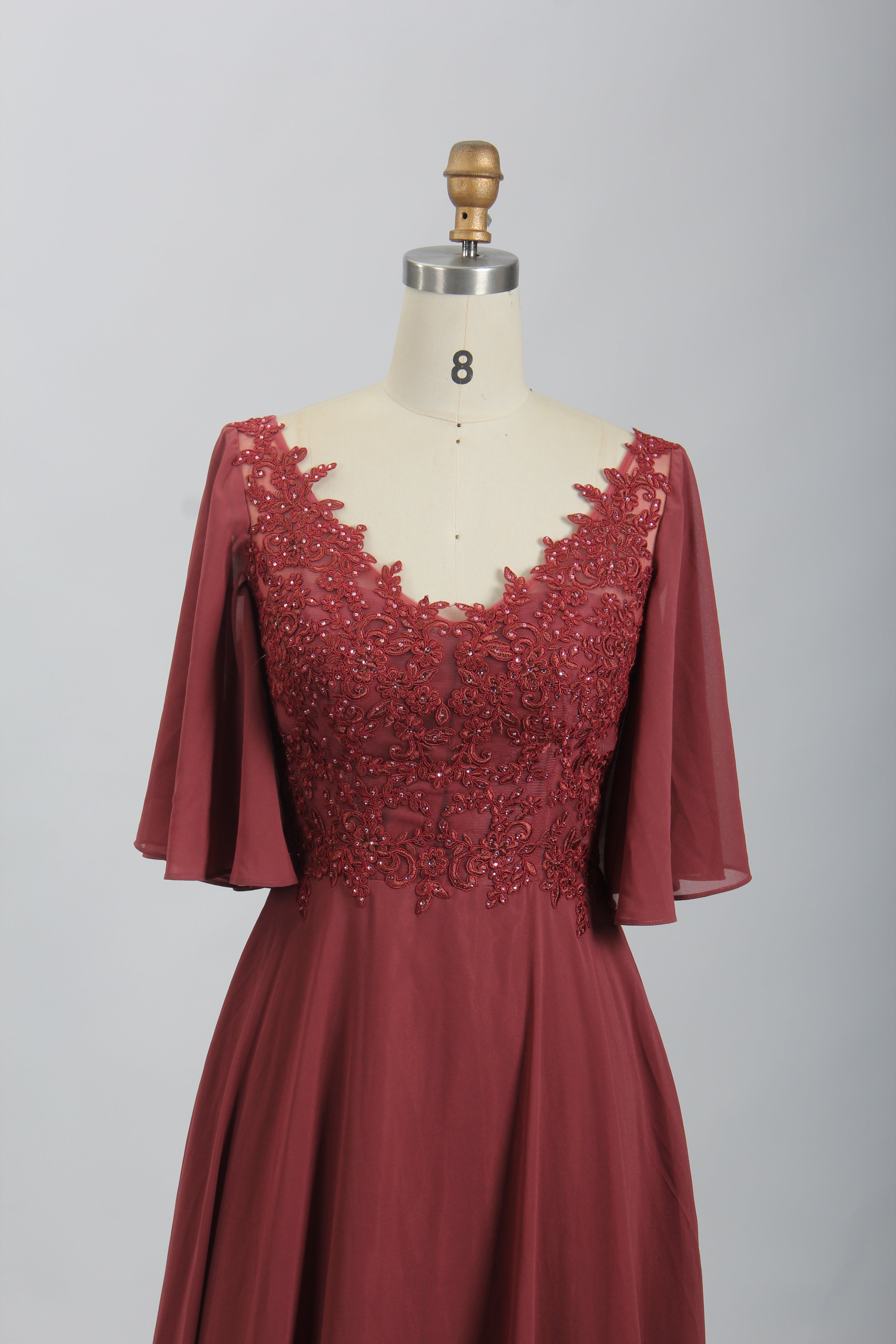 Wholesale Burgundy Lace Flutter-Sleeve Mother-of-the-Bride Gown 32698