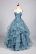 Wholesale Blue Strapless Beaded Corset Tiered Tulle Prom Dress 33516