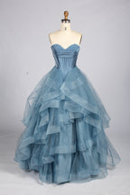 Wholesale Blue Strapless Beaded Corset Tiered Tulle Prom Dress 33516