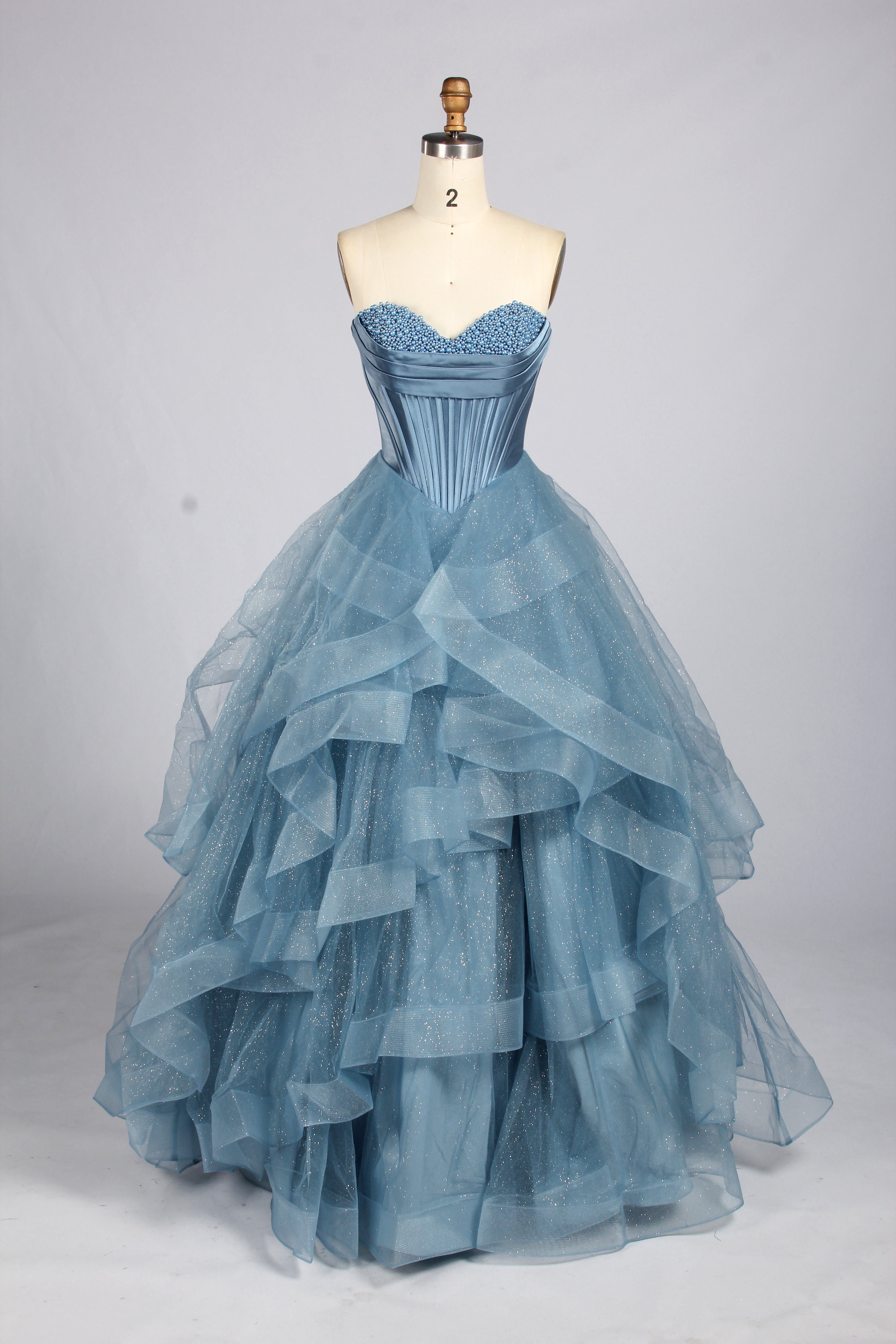 Wholesale Blue Strapless Beaded Corset Tiered Tulle Prom Dress 33516