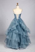 Wholesale Blue Strapless Beaded Corset Tiered Tulle Prom Dress 33516