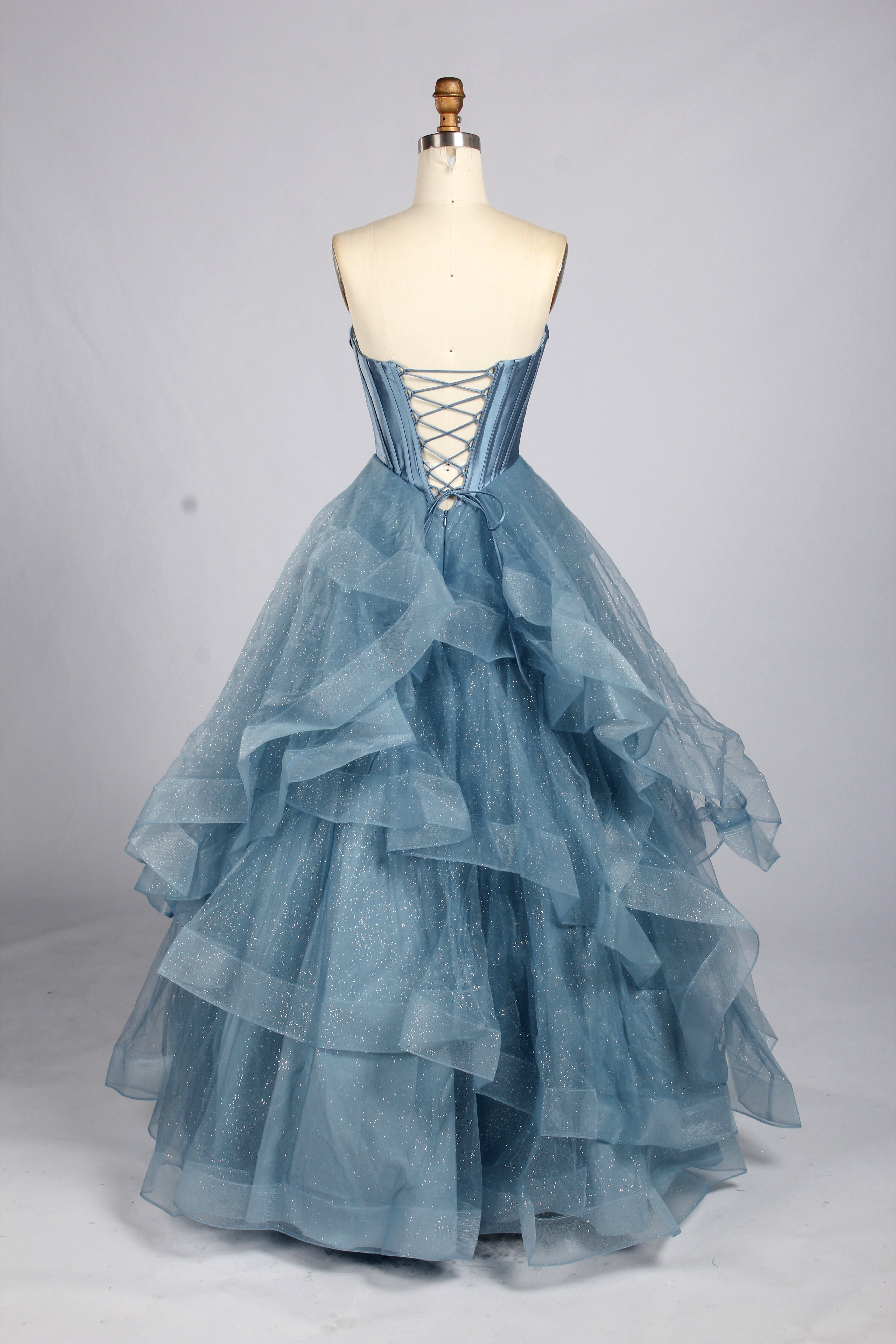 Wholesale Blue Strapless Beaded Corset Tiered Tulle Prom Dress 33516