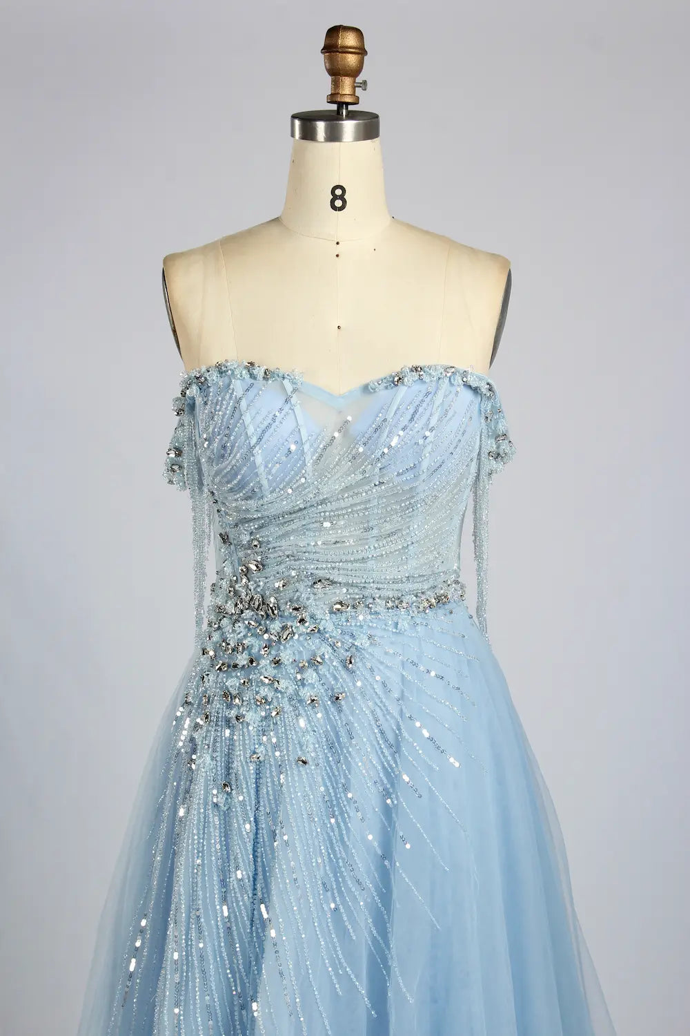 Champagne Gold Strapless Beaded Sequin Evening A-Line Dress MC169