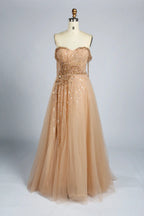 Champagne Gold Strapless Beaded Sequin Evening A-Line Dress MC169