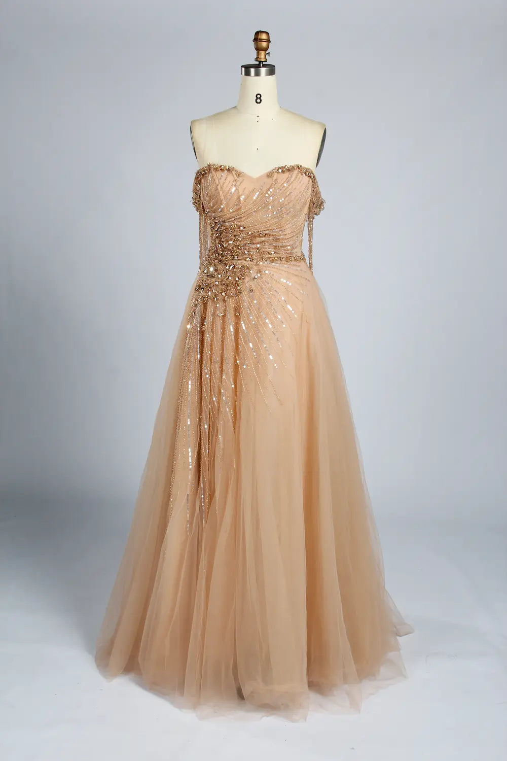 Champagne Gold Strapless Beaded Sequin Evening A-Line Dress MC169