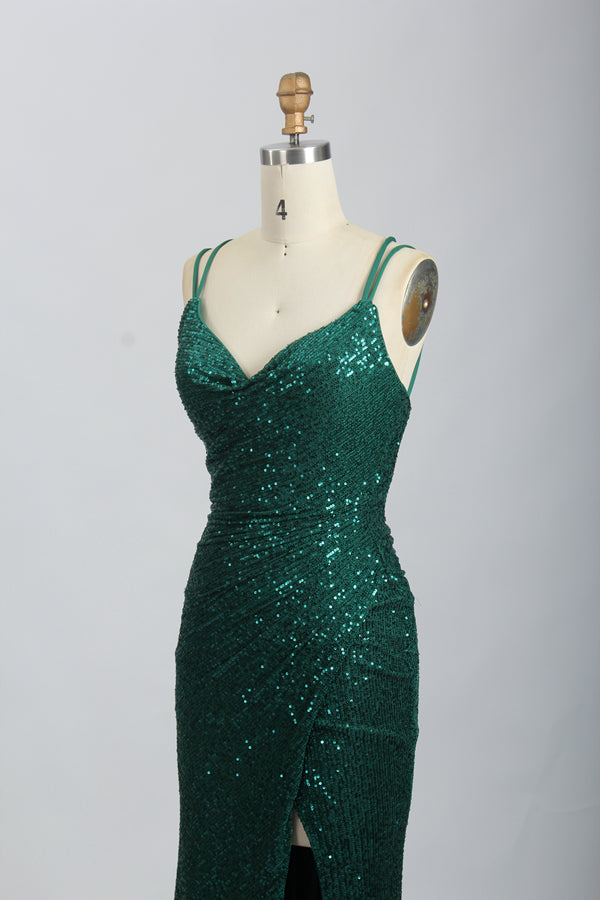 Wholesale Emerald Green Sequin Prom Dress - Criss - Cross Back Mermaid Gown 32694