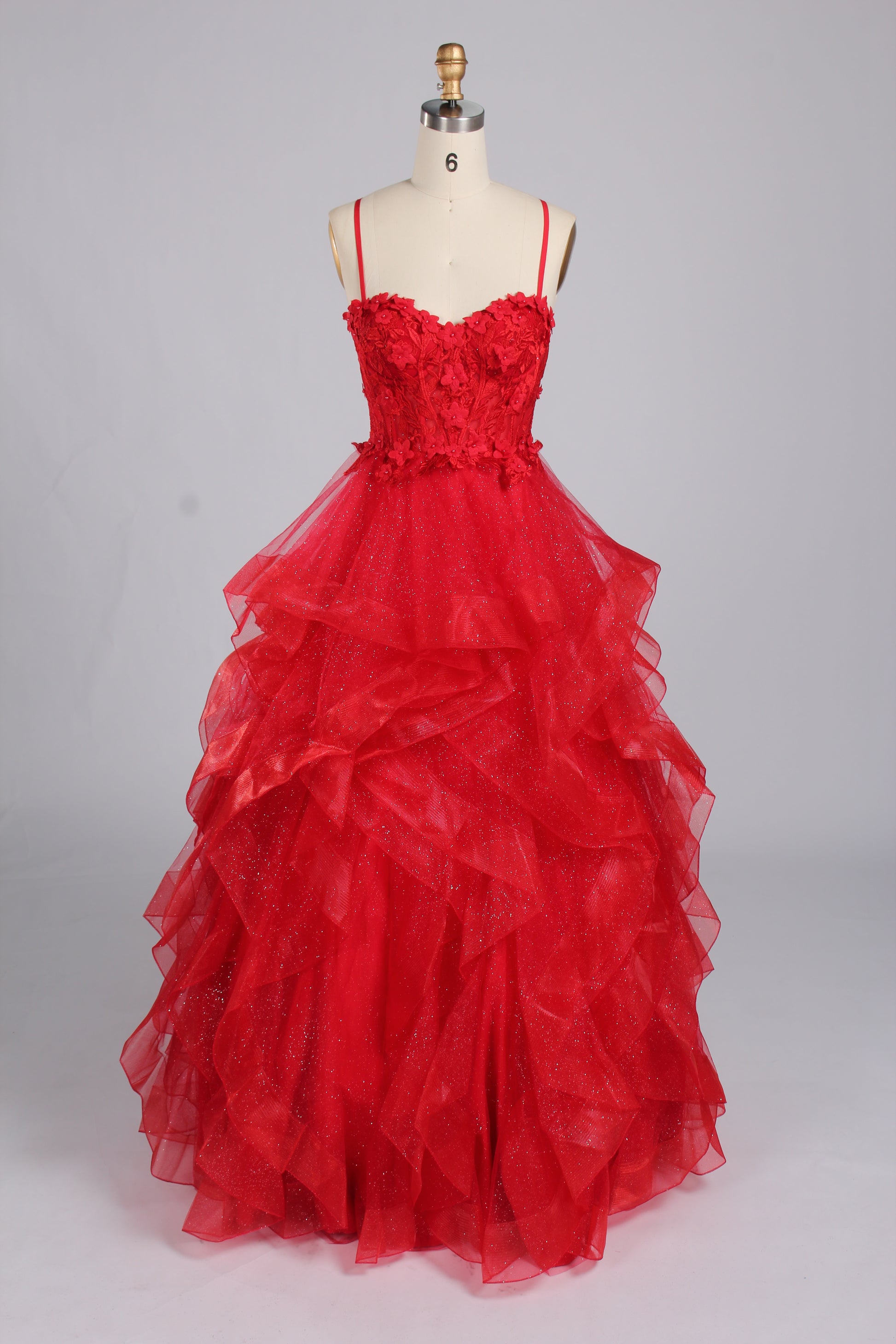 Wholesale 3D Flowers Red Tiered Ruffled Ball Gown 33140B