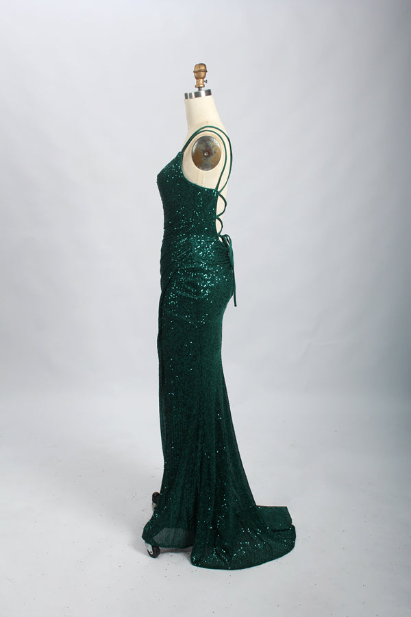 Wholesale Emerald Green Sequin Prom Dress - Criss - Cross Back Mermaid Gown 32694