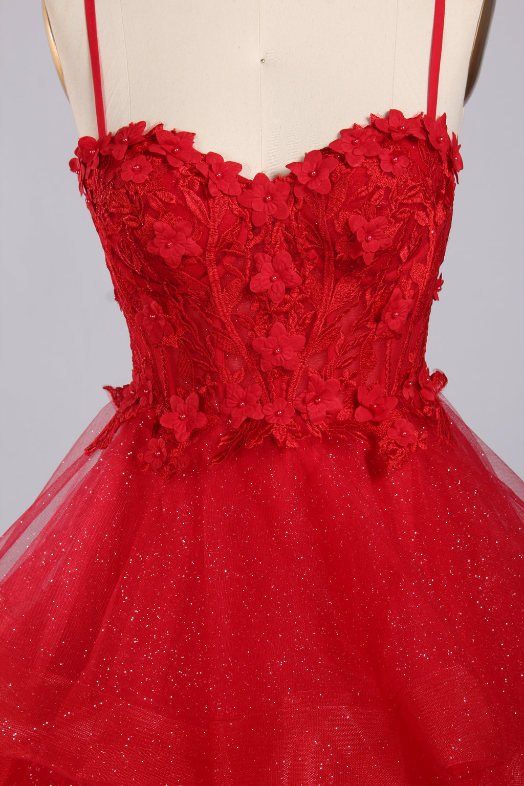 Wholesale 3D Flowers Red Tiered Ruffled Ball Gown 33140B