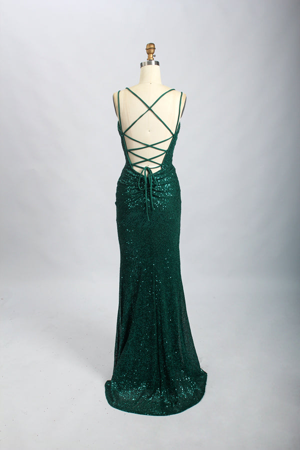Wholesale Emerald Green Sequin Prom Dress - Criss - Cross Back Mermaid Gown 32694