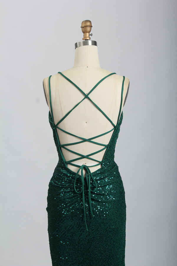 Wholesale Emerald Green Sequin Prom Dress - Criss - Cross Back Mermaid Gown 32694