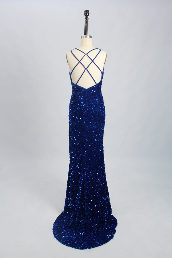 Wholesale Royal Blue Sequin Prom Dress - Criss - Cross Back Mermaid Gown 32693