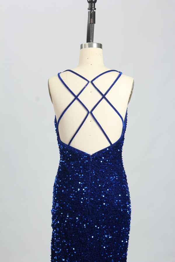 Wholesale Royal Blue Sequin Prom Dress - Criss - Cross Back Mermaid Gown 32693
