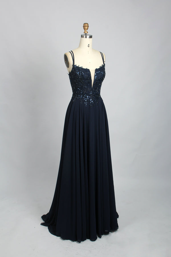 Wholesale Navy Blue Sequin Prom Dress - Criss - Cross Back Chiffon Gown 32702