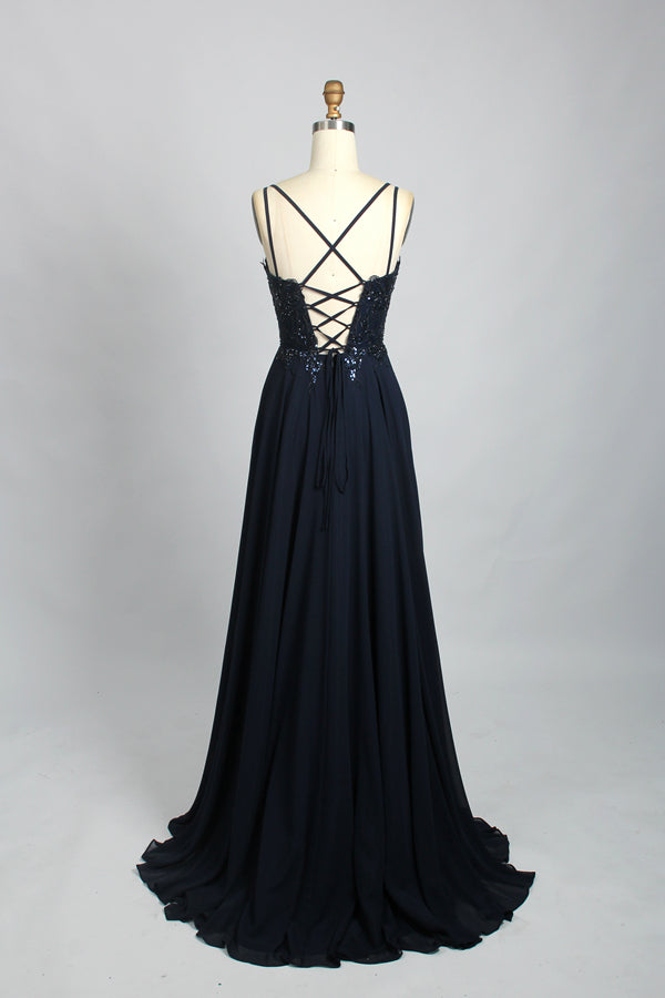 Wholesale Navy Blue Sequin Prom Dress - Criss - Cross Back Chiffon Gown 32702