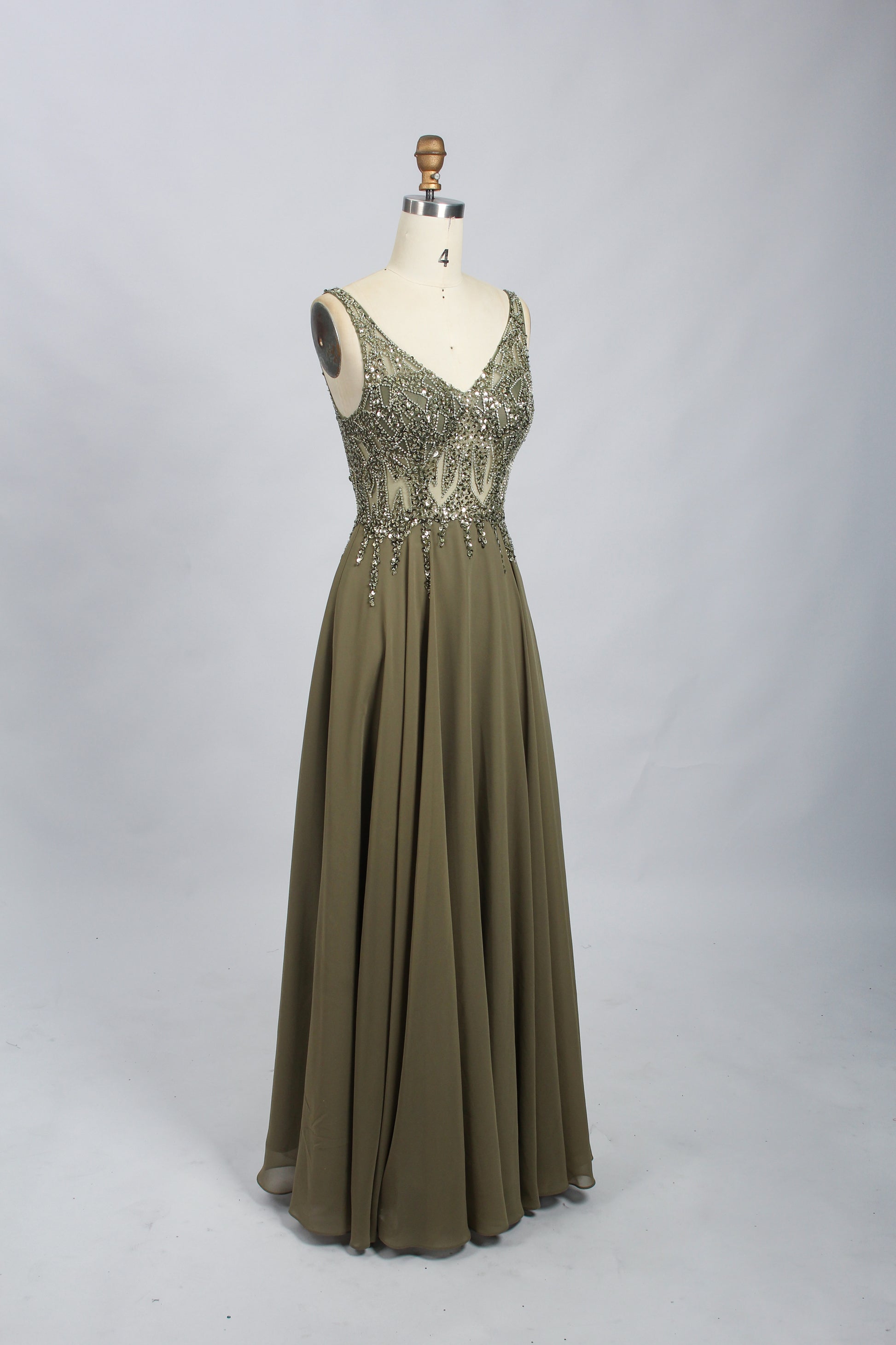 Wholesale Olive Green Beaded Prom Dress - V - Neck Chiffon Evening Gown  32703