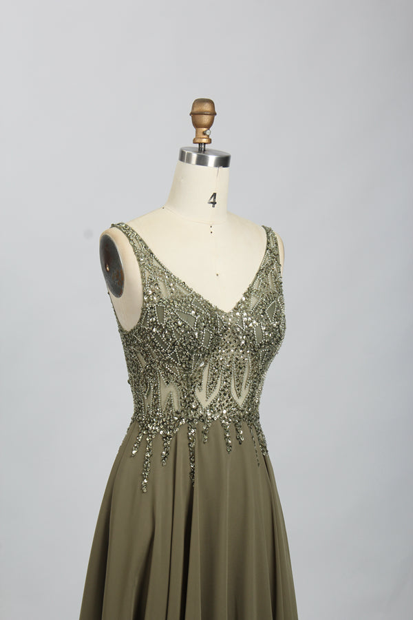 Wholesale Olive Green Beaded Prom Dress - V - Neck Chiffon Evening Gown  32703