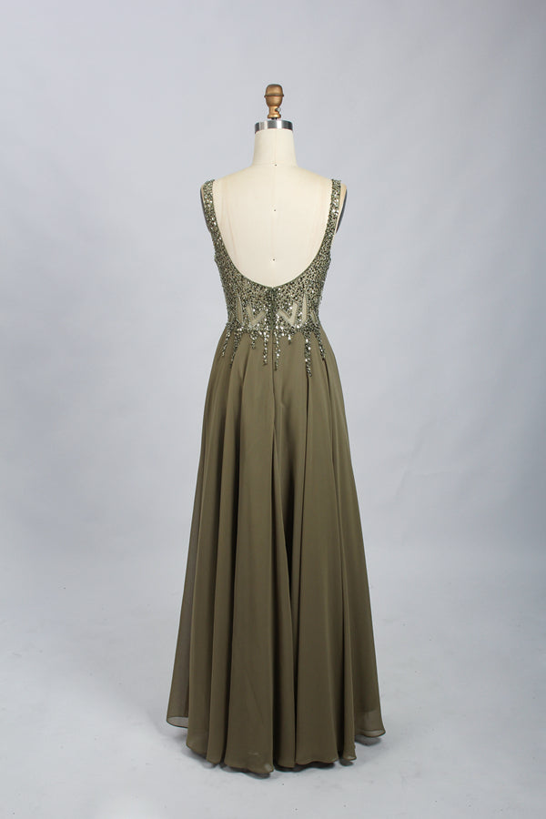 Wholesale Olive Green Beaded Prom Dress - V - Neck Chiffon Evening Gown  32703