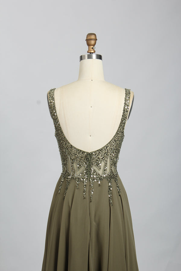 Wholesale Olive Green Beaded Prom Dress - V - Neck Chiffon Evening Gown  32703