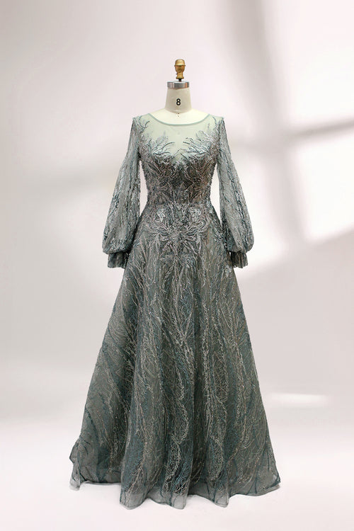 Dusty blue full-length evening gown with long puff sleeves and beaded floral detailing