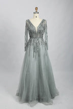 Draped V-Neck A-Line Mother of the Bride Dress with Long Sleeves MC086