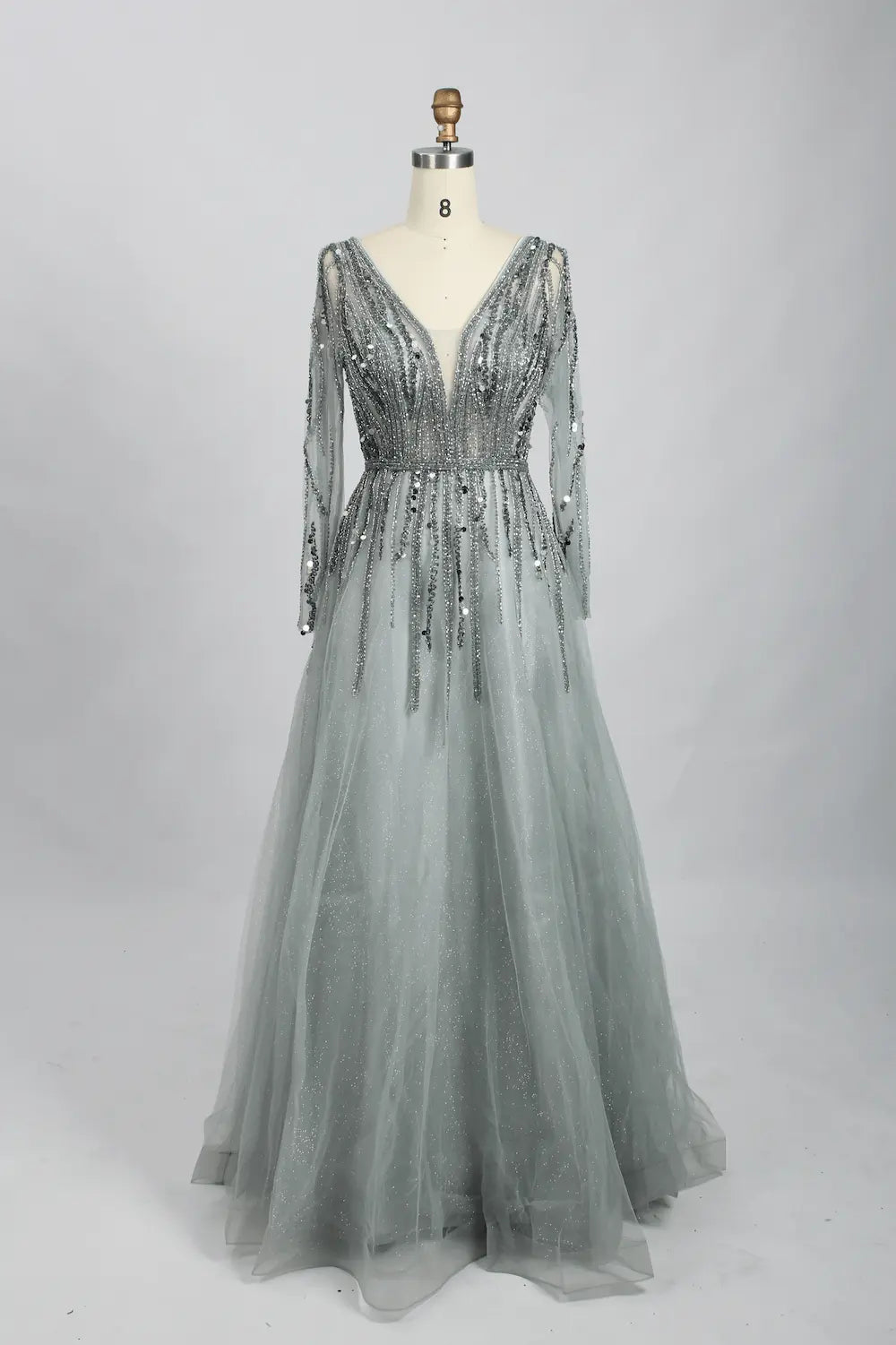 Draped V-Neck A-Line Mother of the Bride Dress with Long Sleeves MC086