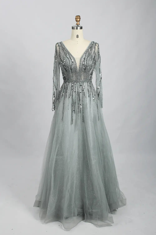 Dusty green mother of the bride A-line dress with draped V-neck and long sleeves