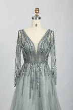 Draped V-Neck A-Line Mother of the Bride Dress with Long Sleeves MC086