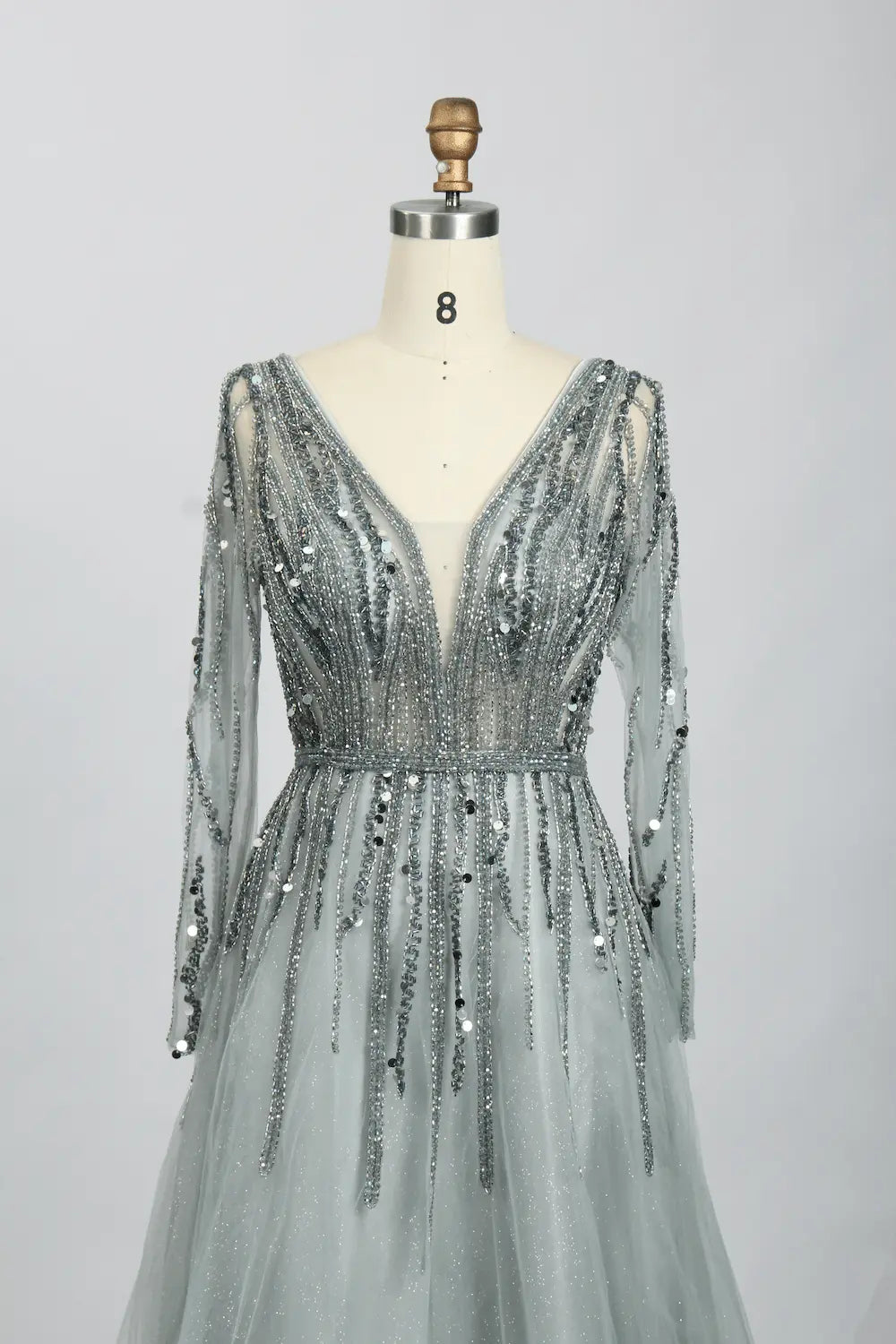 Draped V-Neck A-Line Mother of the Bride Dress with Long Sleeves MC086