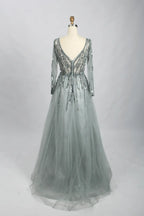Draped V-Neck A-Line Mother of the Bride Dress with Long Sleeves MC086
