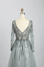 Draped V-Neck A-Line Mother of the Bride Dress with Long Sleeves MC086