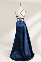 A mannequin showcases a royal - blue gown with thin straps. The bodice features intricate bead embroidery and sheer panels, while the skirt has a ruched design and a high side slit. The satin fabric and elegant details make it perfect for formal events like proms or galas, exuding sophistication.11