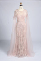 Pink Sequin Tulle Cape Mother of the Bride Dress MK169