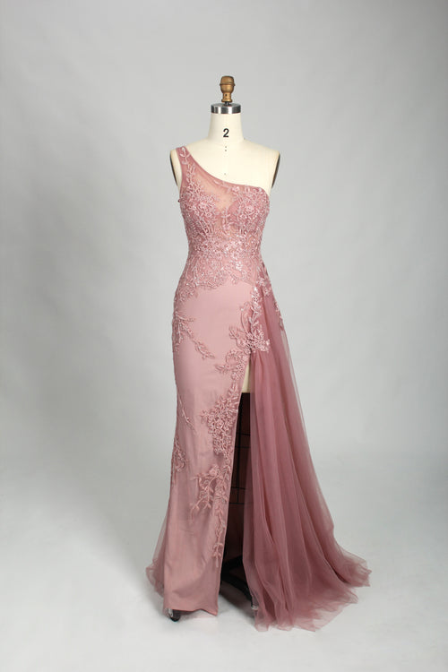 Alluring Single-Shoulder Lace Mermaid with Flowing Ribbon Prom Dress 32843