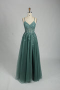 Wholesale Green Lace Applique Glitter Tulle Prom Dress 32840
