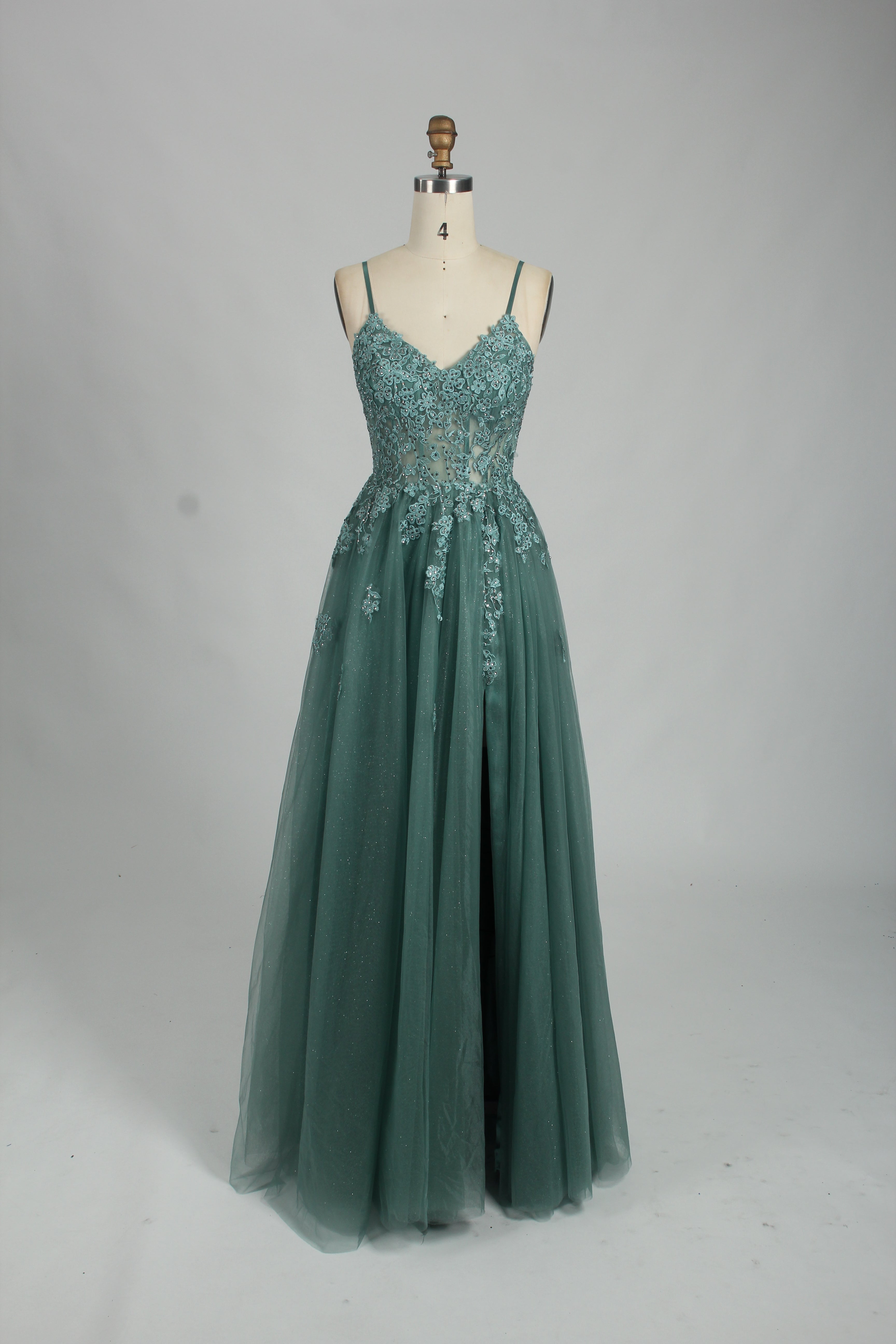 Wholesale Green Lace Applique Glitter Tulle Prom Dress 32840