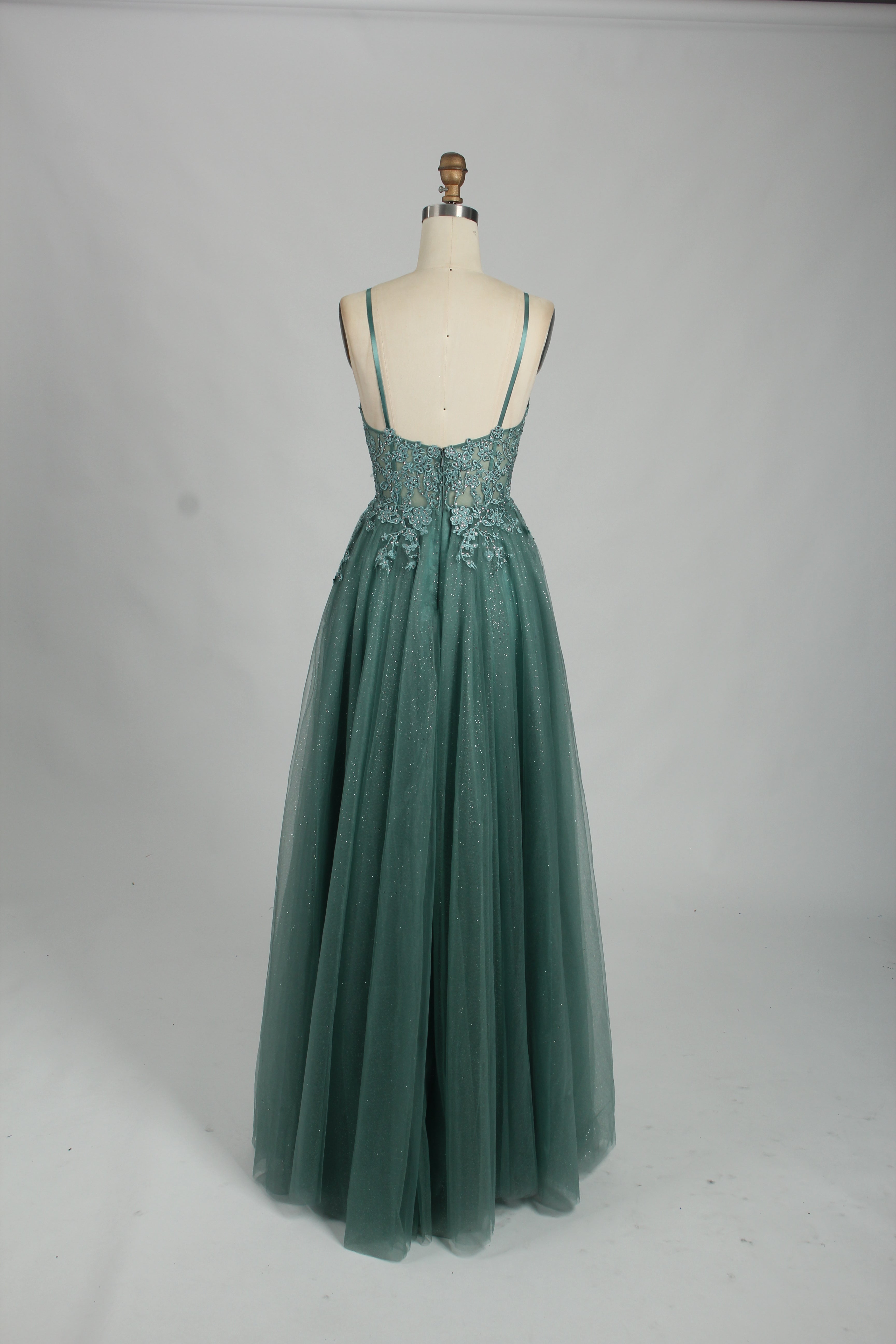 Wholesale Green Lace Applique Glitter Tulle Prom Dress 32840
