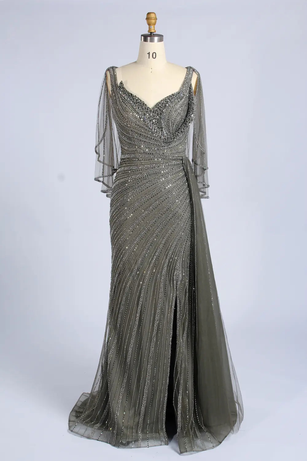 Beaded Cape V-Neck Slit Mermaid Mother of the Bride Dress MC168
