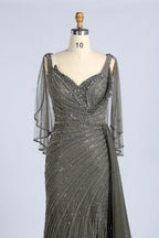 Beaded Cape V-Neck Slit Mermaid Mother of the Bride Dress MC168
