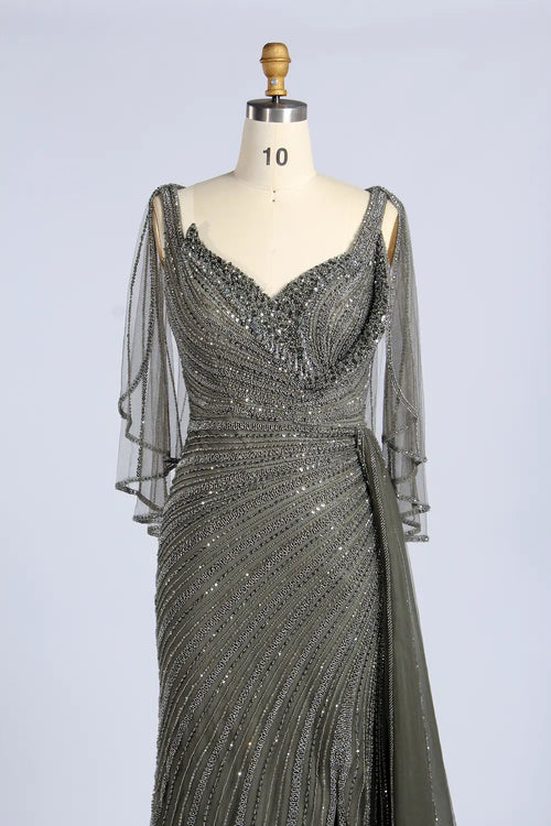 Beaded Cape V-Neck Slit Mermaid Mother of the Bride Dress MC168