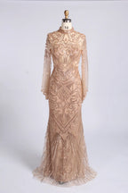 High-Neck Beaded Sequined Long Sleeve Mother of the Bride Dress MC170