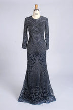 Elegant Blue Long Sleeve Beaded Mermaid Mother of the Bride Dress MC171